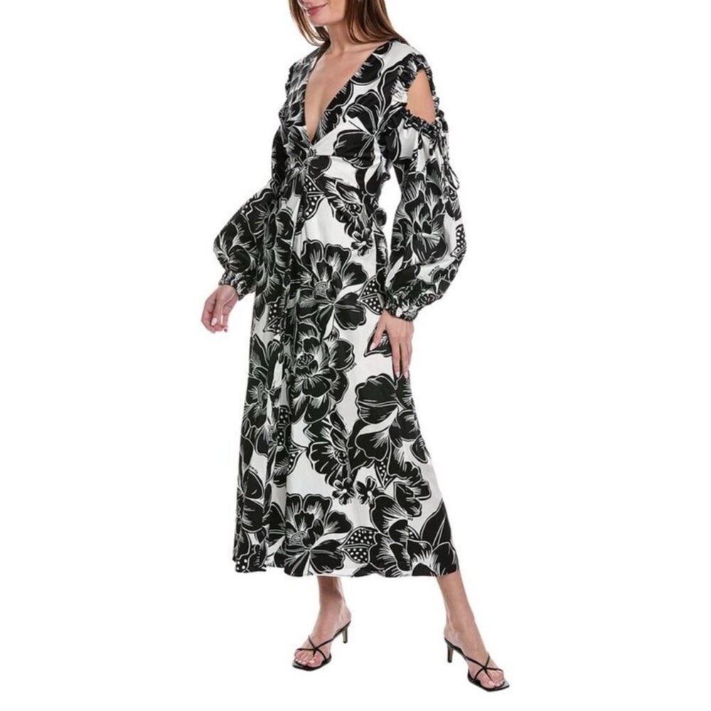 FARM Rio Chita Woodcut Off White V Neckline Dress